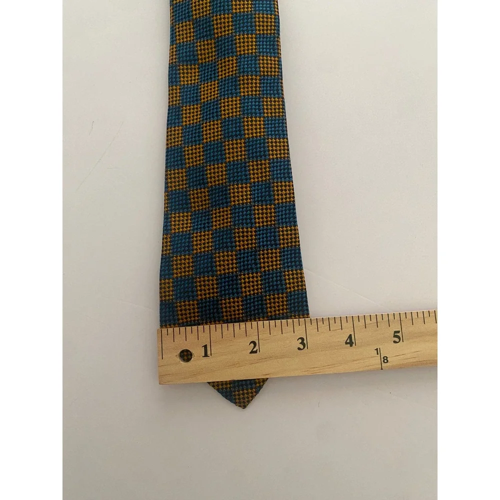Kolmer-Marcus George Wally Vintage Silk Tie Teal Gold Checkerboard Woven Mens